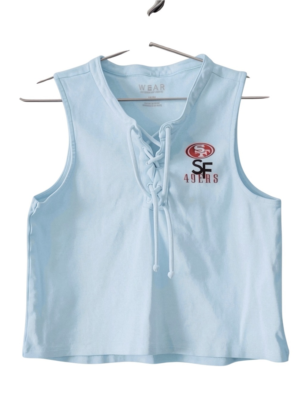 Wear by Erin Andrews SF 49ers Lace-Up Crop Tank Top | Light Blue | Size M